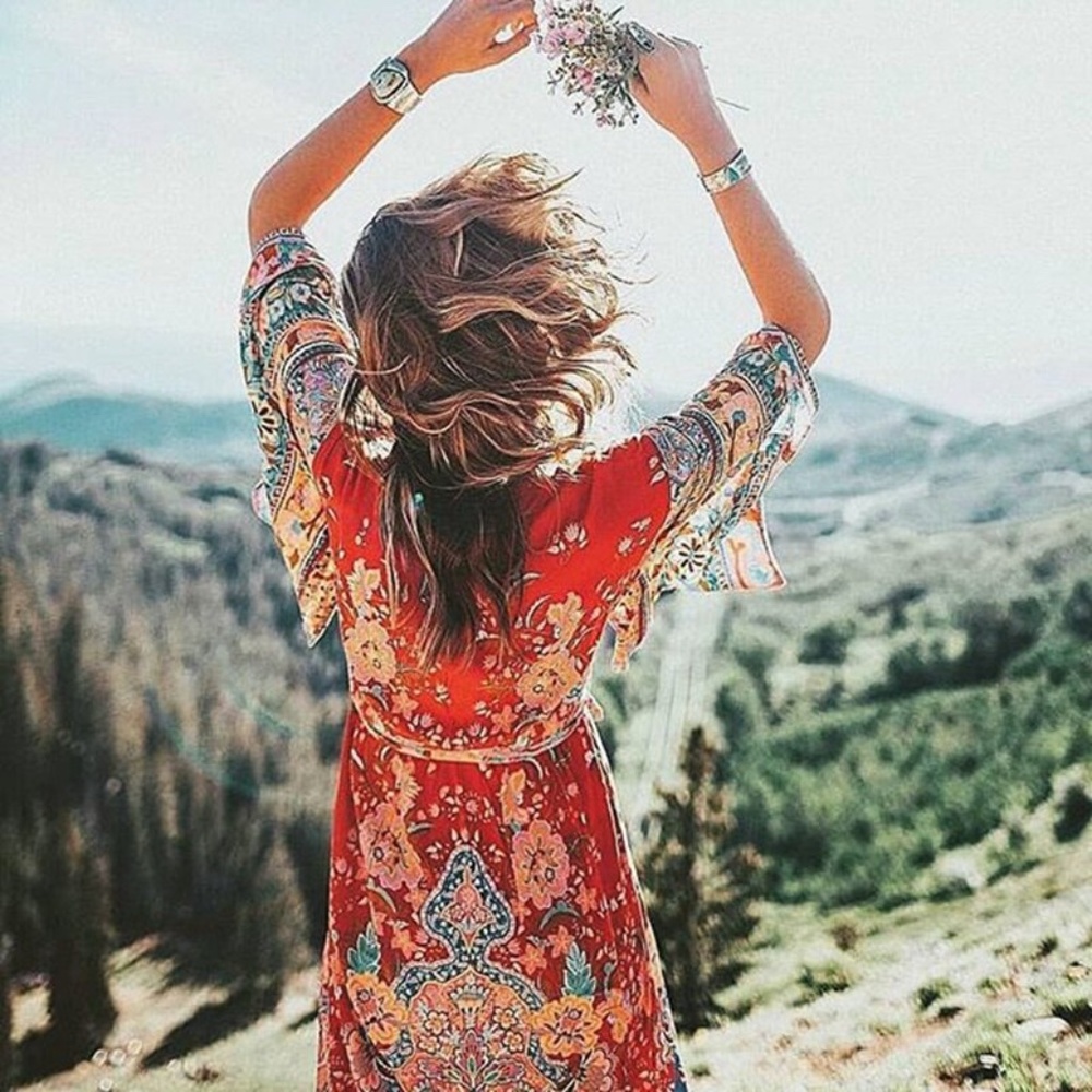 Boho gypsy wide sleeve red midi dress cover up - Picture 6 of 11